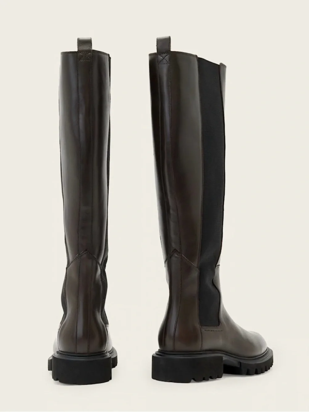 Never Worn AllSaints Brown Leather Knee Boots with Black Elastic Panel